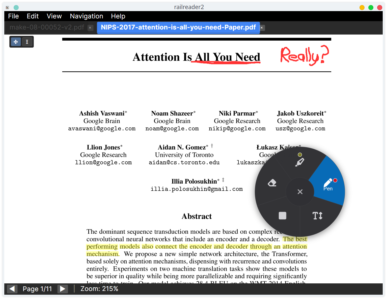 railreader2 annotation tools showing highlights, freehand pen marks, rectangles, and text notes on a PDF page