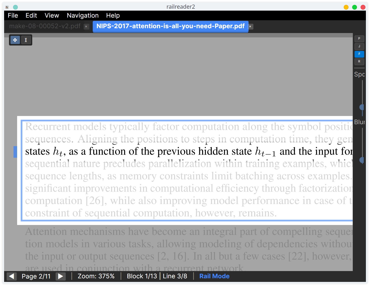 railreader2 line focus dim effect fading non-active lines to reduce distraction during rail reading