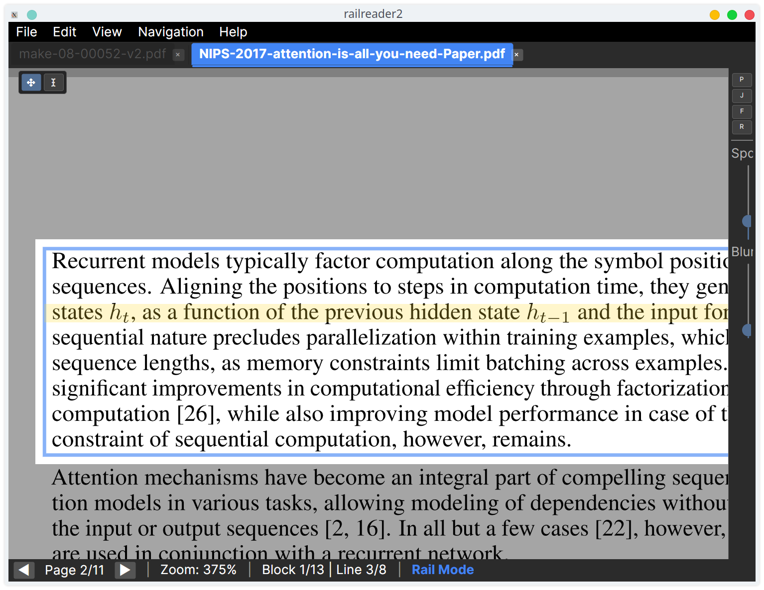 railreader2 rail mode navigating a text block line by line at high magnification with the current line highlighted