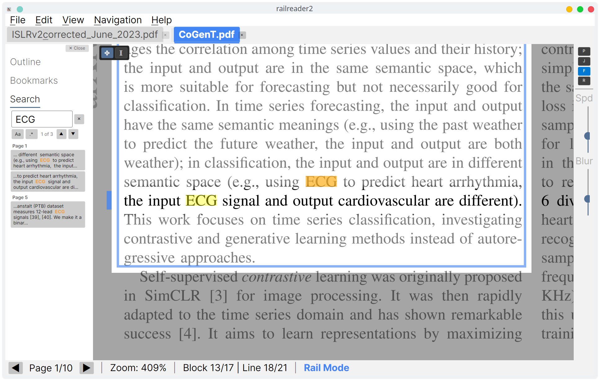 railreader2 full-text search with sidebar results panel and highlighted matches on the PDF page